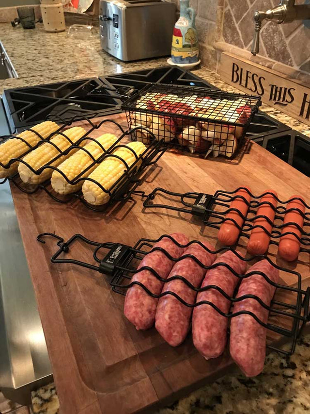 Corn-and-meats-with-All-Purpose-Basket-Hanger-On-Cutting-Boar